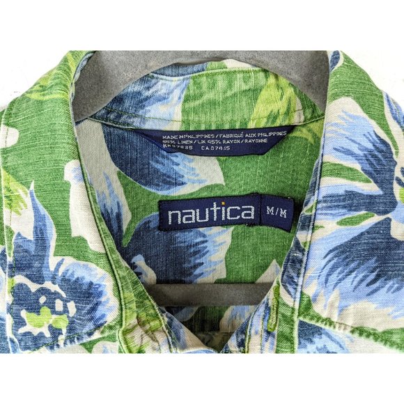 Vintage Nautica green blue tropical floral button down luau short sleeve shirt - Picture 3 of 4